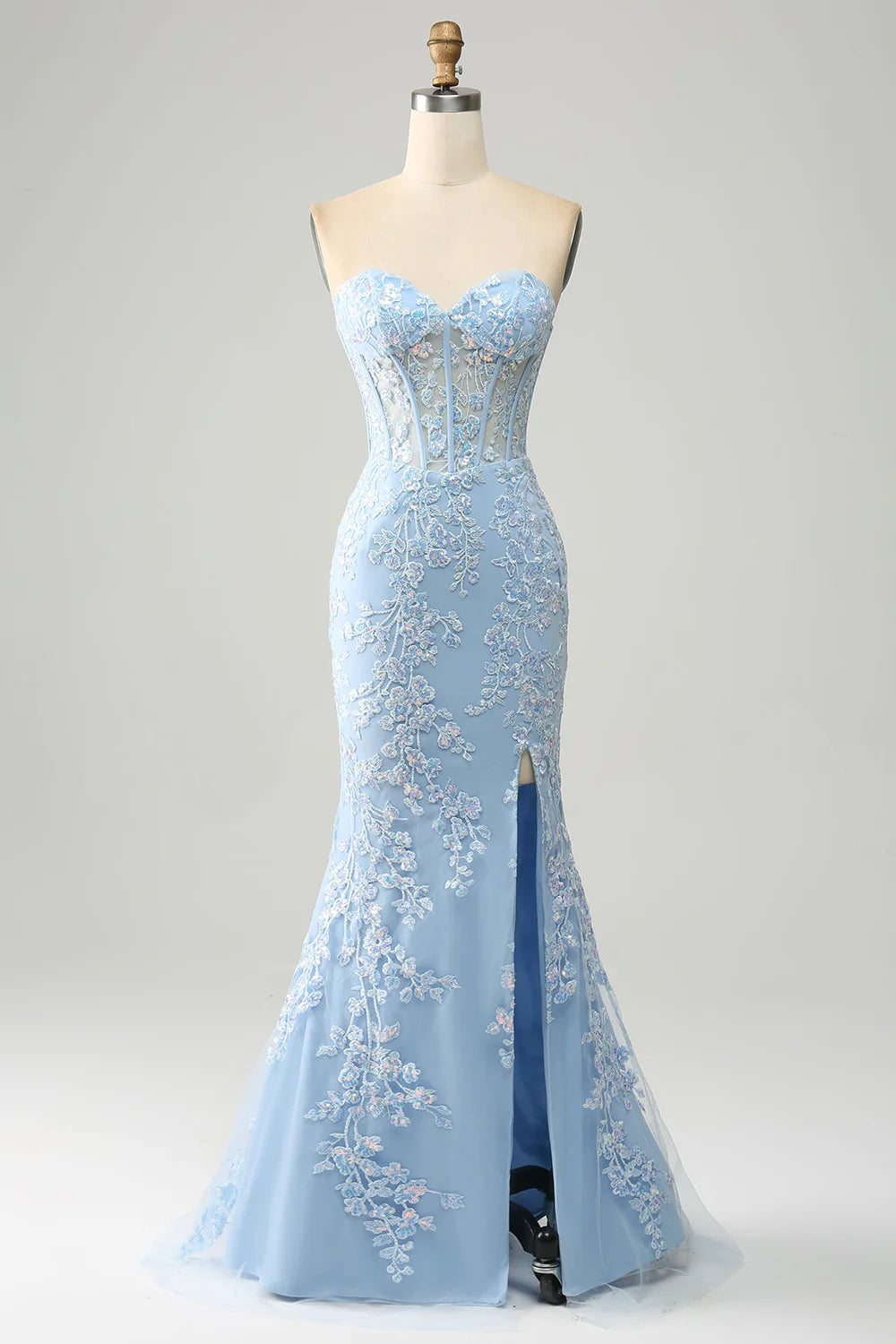 Light Blue Sequins Appliques Mermaid Sweetheart Collar Corset Prom Dress With Side Slit