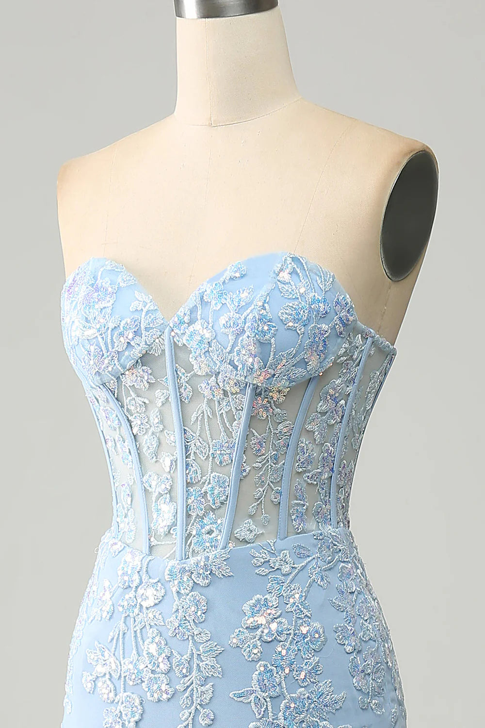Light Blue Sequins Appliques Mermaid Sweetheart Collar Corset Prom Dress With Side Slit