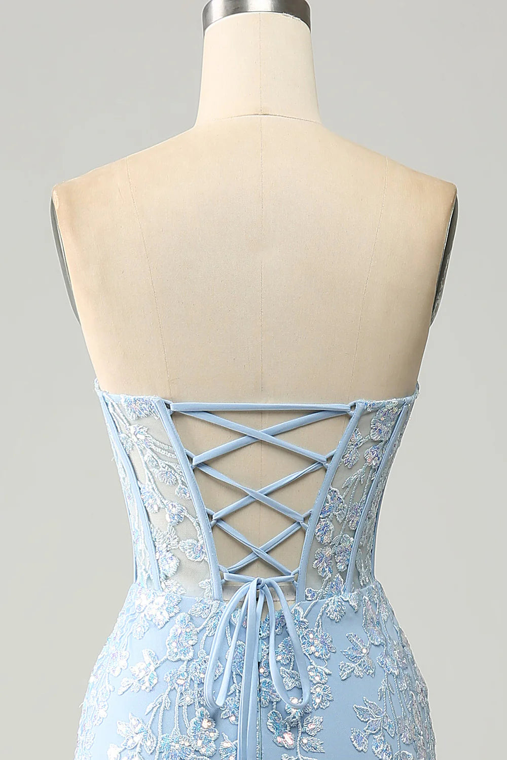 Light Blue Sequins Appliques Mermaid Sweetheart Collar Corset Prom Dress With Side Slit