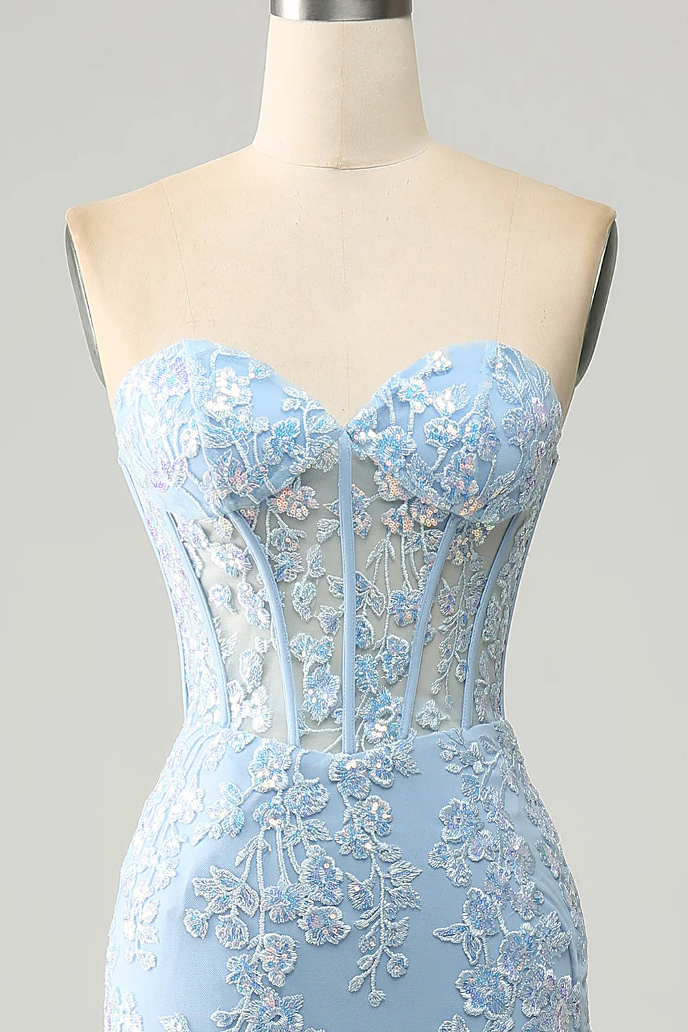 Light Blue Sequins Appliques Mermaid Sweetheart Collar Corset Prom Dress With Side Slit