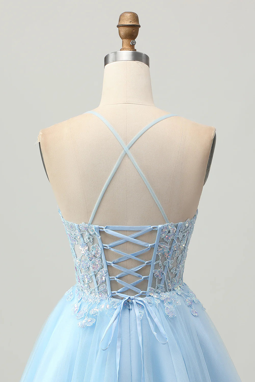 Light Blue Sequins With Applique Corset A Line Short Homecoming Dress Spaghetti Straps Party Dress