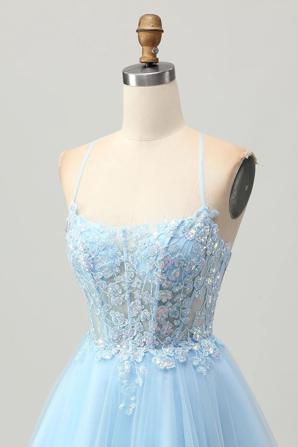 Light Blue Sequins With Applique Corset A Line Short Homecoming Dress Spaghetti Straps Party Dress