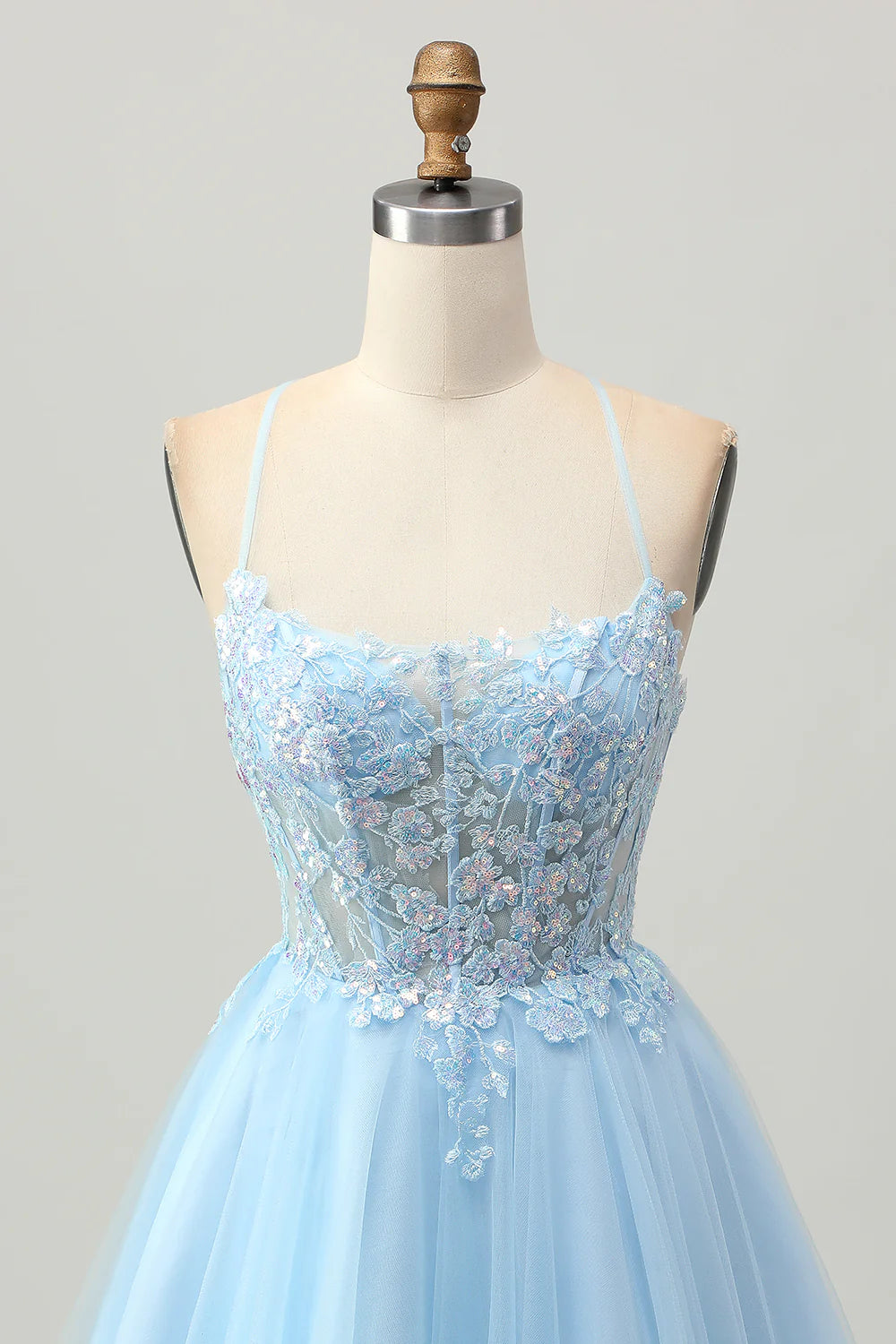 Light Blue Sequins With Applique Corset A Line Short Homecoming Dress Spaghetti Straps Party Dress