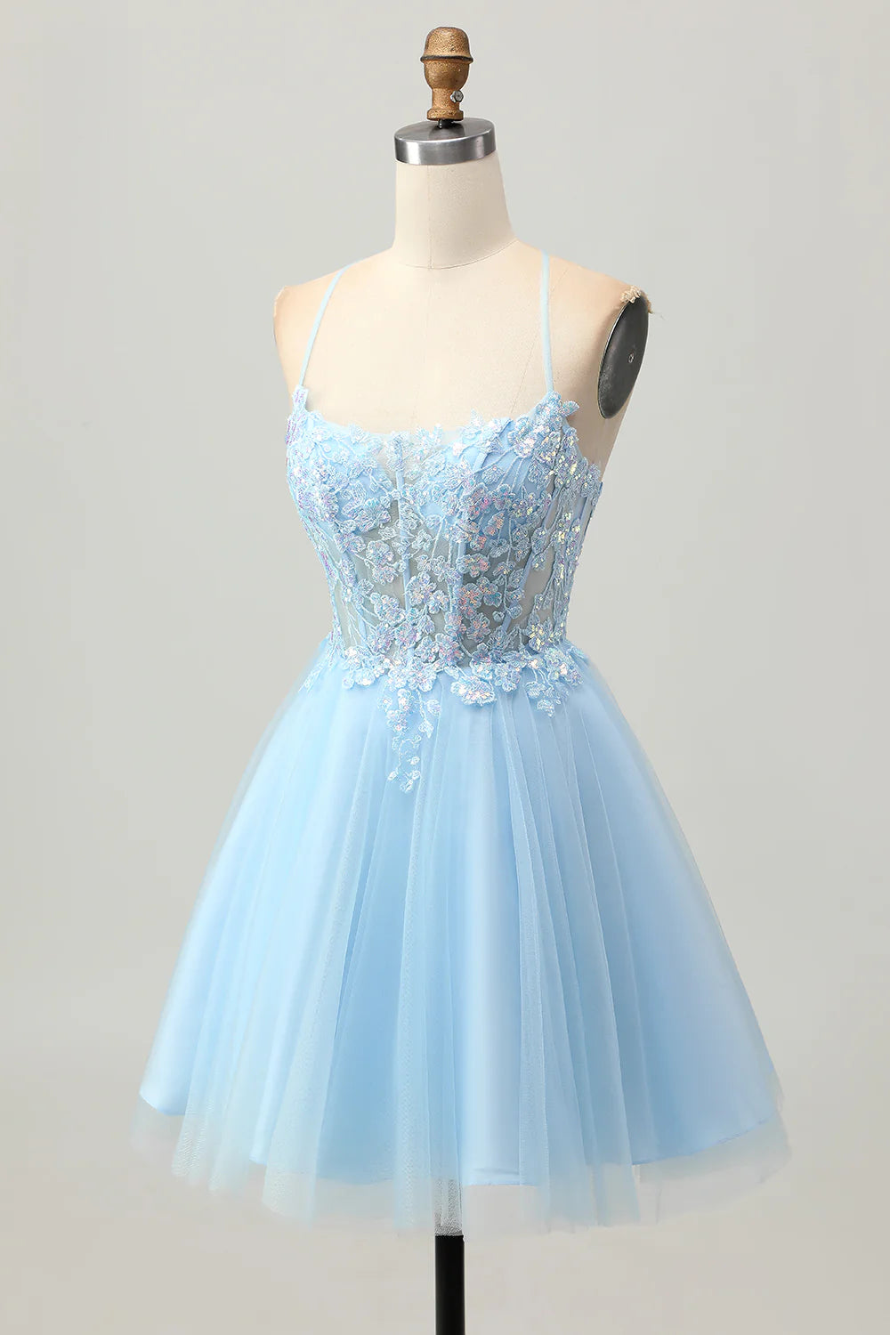 Light Blue Sequins With Applique Corset A Line Short Homecoming Dress Spaghetti Straps Party Dress