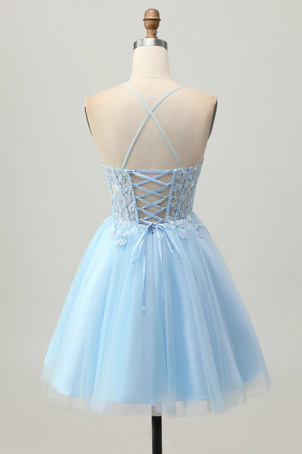 Light Blue Sequins With Applique Corset A Line Short Homecoming Dress Spaghetti Straps Party Dress