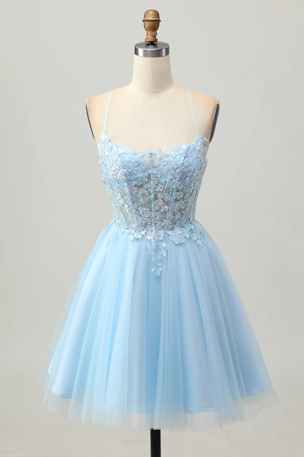 Light Blue Sequins With Applique Corset A Line Short Homecoming Dress Spaghetti Straps Party Dress