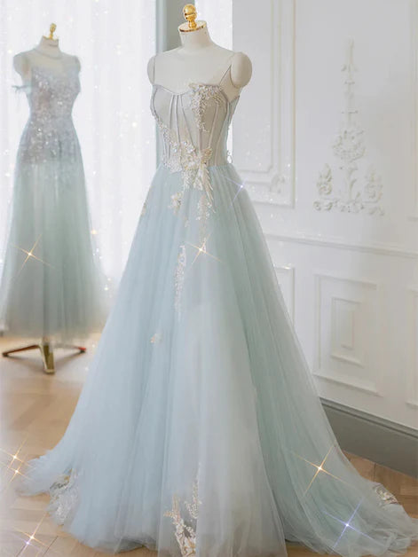 Light Blue Strapless Lace A-line Sequins With Applique Formal Prom Dress Party Dress