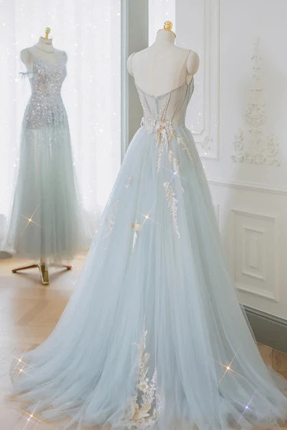 Light Blue Strapless Lace A-line Sequins With Applique Formal Prom Dress Party Dress