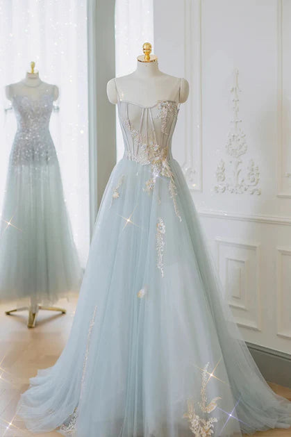 Light Blue Strapless Lace A-line Sequins With Applique Formal Prom Dress Party Dress