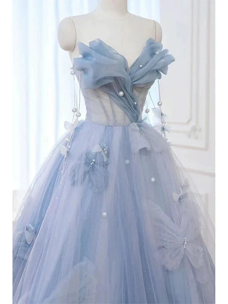 Light Blue Strapless Tulle A-line Beaded Sweetheart Long Ball Gown