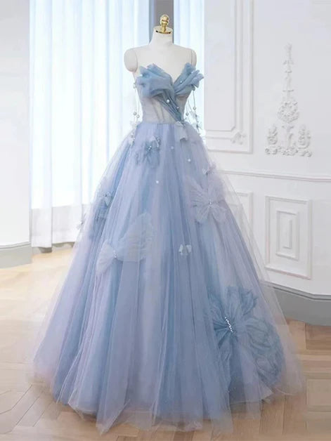 Light Blue Strapless Tulle A-line Beaded Sweetheart Long Ball Gown