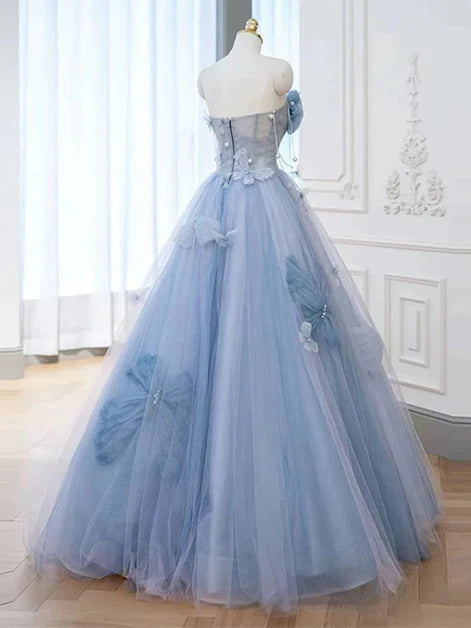 Light Blue Strapless Tulle A-line Beaded Sweetheart Long Ball Gown