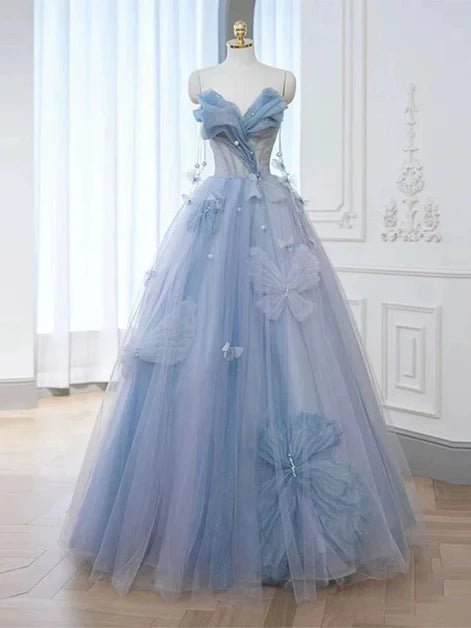 Light Blue Strapless Tulle A-line Beaded Sweetheart Long Ball Gown