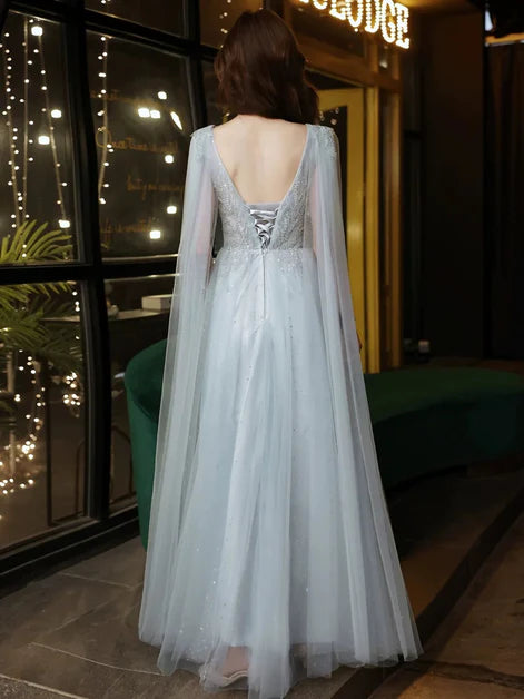 Light Blue Tulle Appliques Tassel Sleeves V-Neck Beaded Floor Length Ball Gown