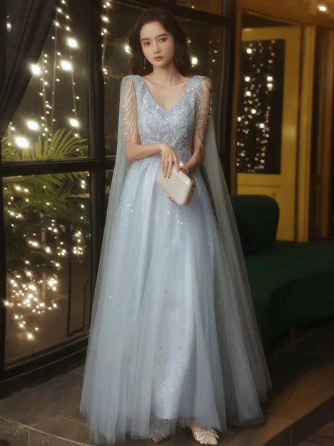 Light Blue Tulle Appliques Tassel Sleeves V-Neck Beaded Floor Length Ball Gown