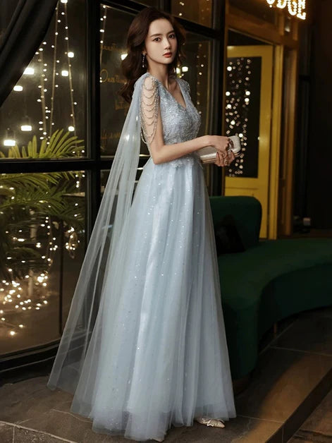 Light Blue Tulle Appliques Tassel Sleeves V-Neck Beaded Floor Length Ball Gown