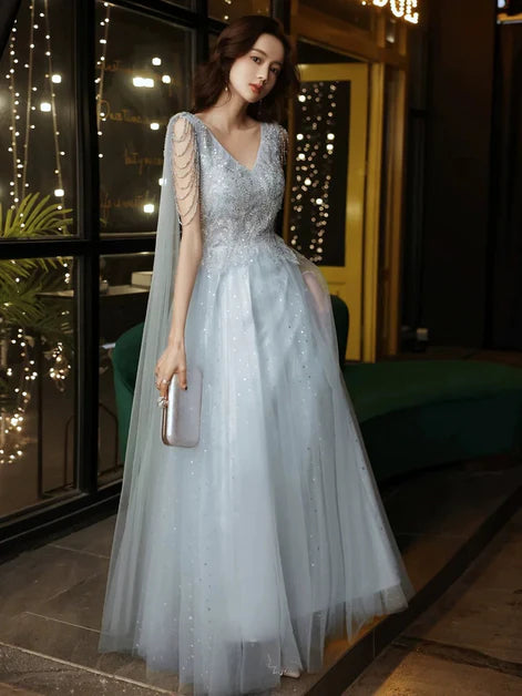 Light Blue Tulle Appliques Tassel Sleeves V-Neck Beaded Floor Length Ball Gown