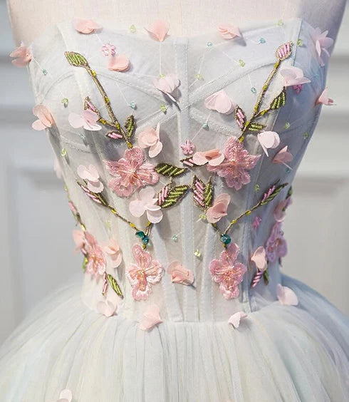 Light Blue Tulle Floral Off Shoulder Short Sweetheart Homecoming Dress Prom Dress