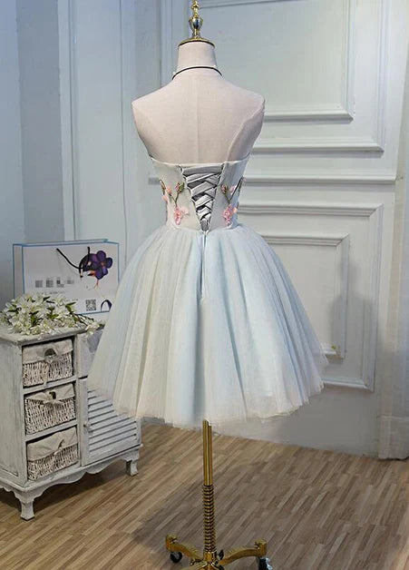 Light Blue Tulle Floral Off Shoulder Short Sweetheart Homecoming Dress Prom Dress