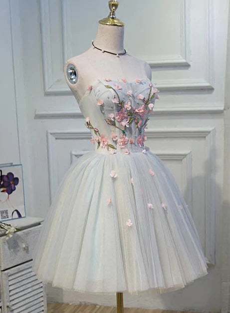 Light Blue Tulle Floral Off Shoulder Short Sweetheart Homecoming Dress Prom Dress
