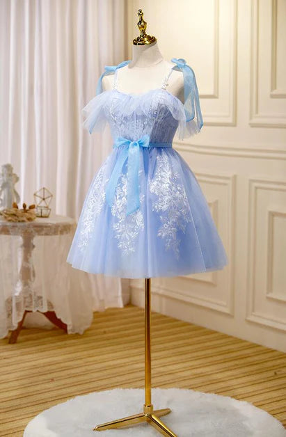 Light Blue Tulle Lace With Bow Short Party Dress Homecoming Dresses