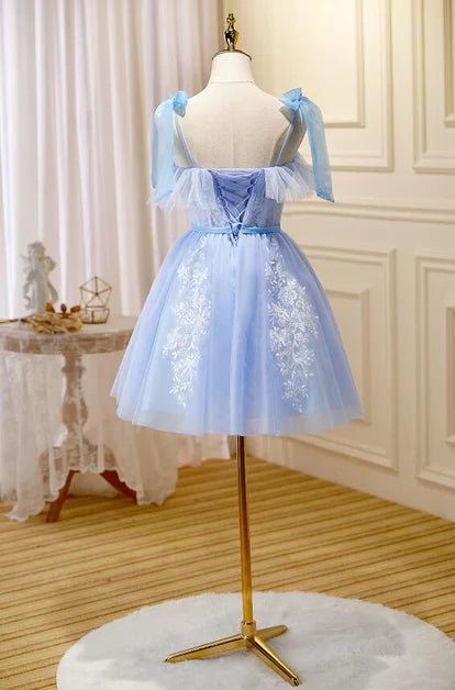 Light Blue Tulle Lace With Bow Short Party Dress Homecoming Dresses