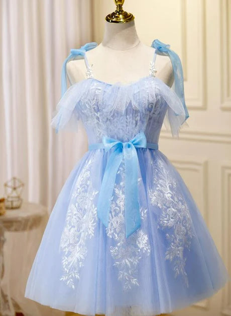 Light Blue Tulle Lace With Bow Short Party Dress Homecoming Dresses
