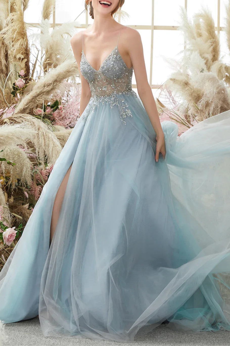 Light Blue Tulle Sequins With Beaded Spaghetti Straps Prom Dress Open Back Slit Long Party Dress