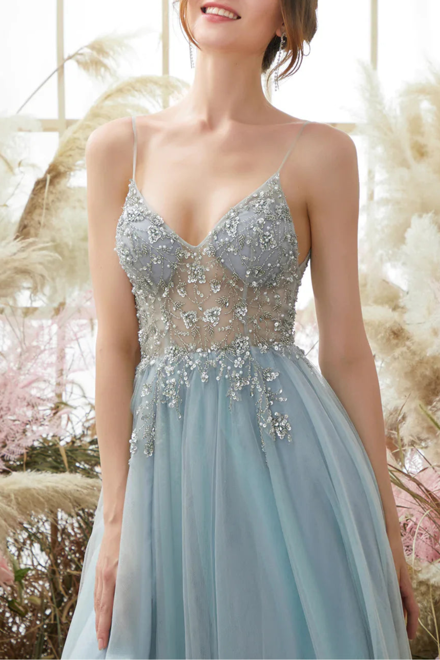 Light Blue Tulle Sequins With Beaded Spaghetti Straps Prom Dress Open Back Slit Long Party Dress