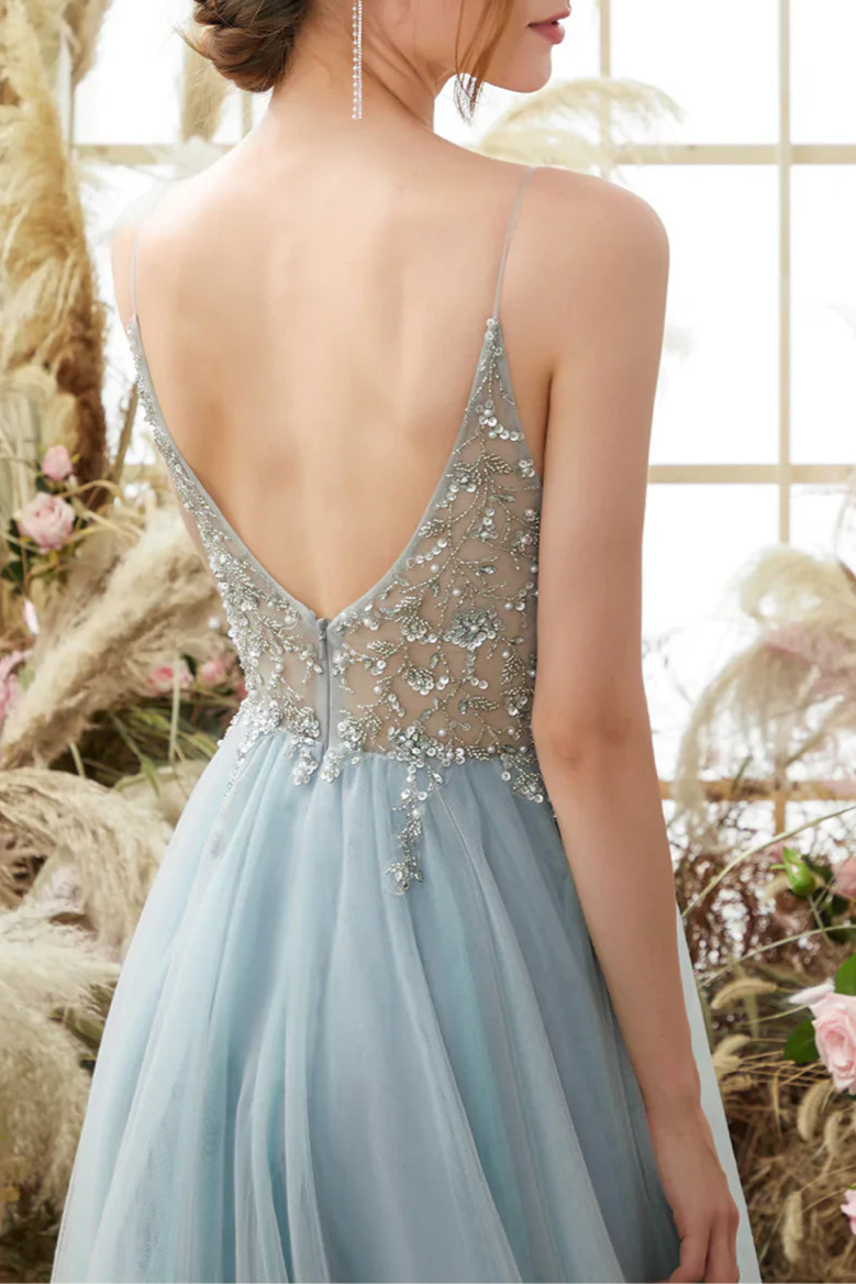 Light Blue Tulle Sequins With Beaded Spaghetti Straps Prom Dress Open Back Slit Long Party Dress