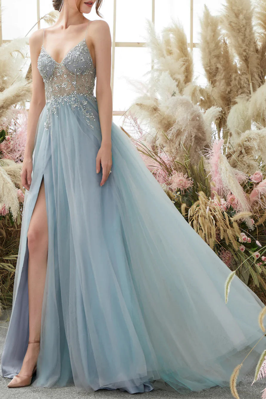 Light Blue Tulle Sequins With Beaded Spaghetti Straps Prom Dress Open Back Slit Long Party Dress