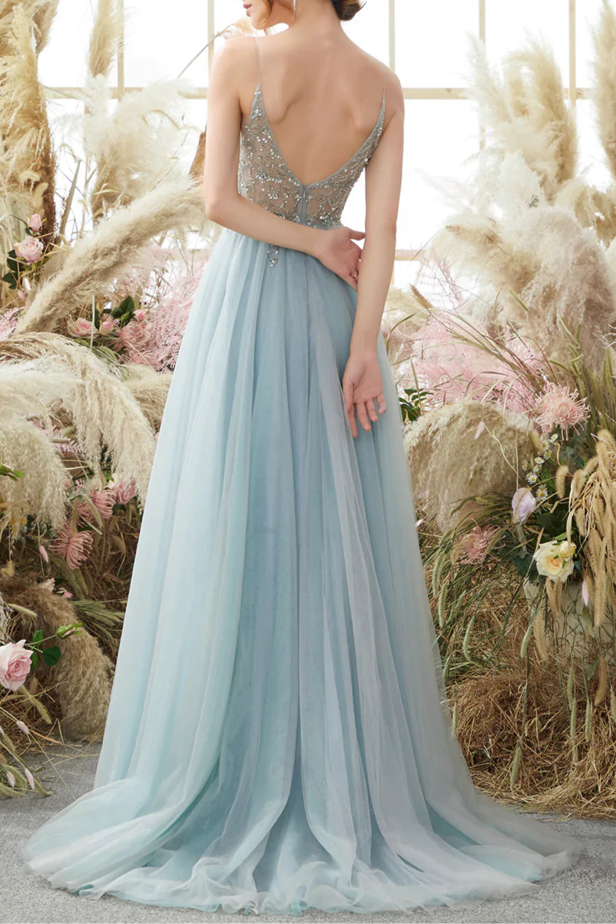 Light Blue Tulle Sequins With Beaded Spaghetti Straps Prom Dress Open Back Slit Long Party Dress