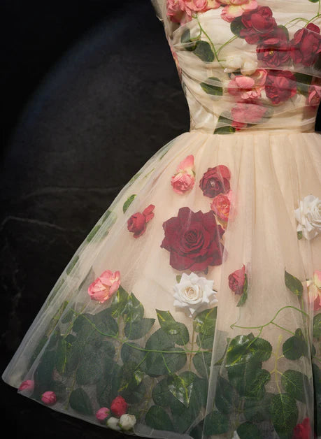 Light Champagne Flowers Open Back Round Neckline Short Party Dress Prom Dress