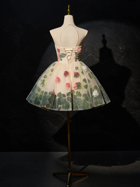 Light Champagne Flowers Open Back Round Neckline Short Party Dress Prom Dress