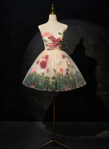 Light Champagne Flowers Open Back Round Neckline Short Party Dress Prom Dress