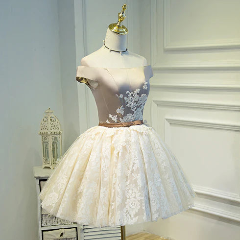 Light Champagne Lace and Satin With Applique Off Shoulder Short Party Dress Homecoming Dress
