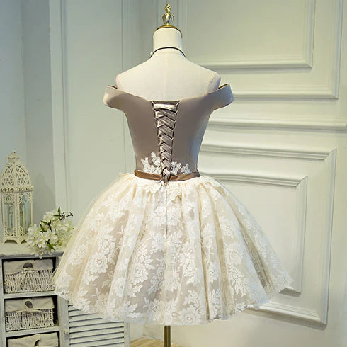 Light Champagne Lace and Satin With Applique Off Shoulder Short Party Dress Homecoming Dress