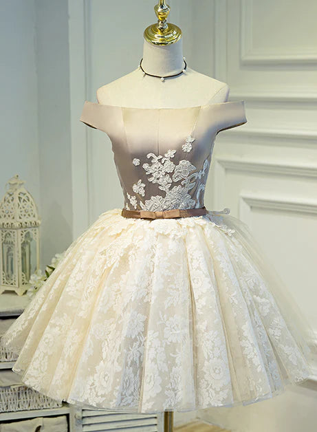 Light Champagne Lace and Satin With Applique Off Shoulder Short Party Dress Homecoming Dress