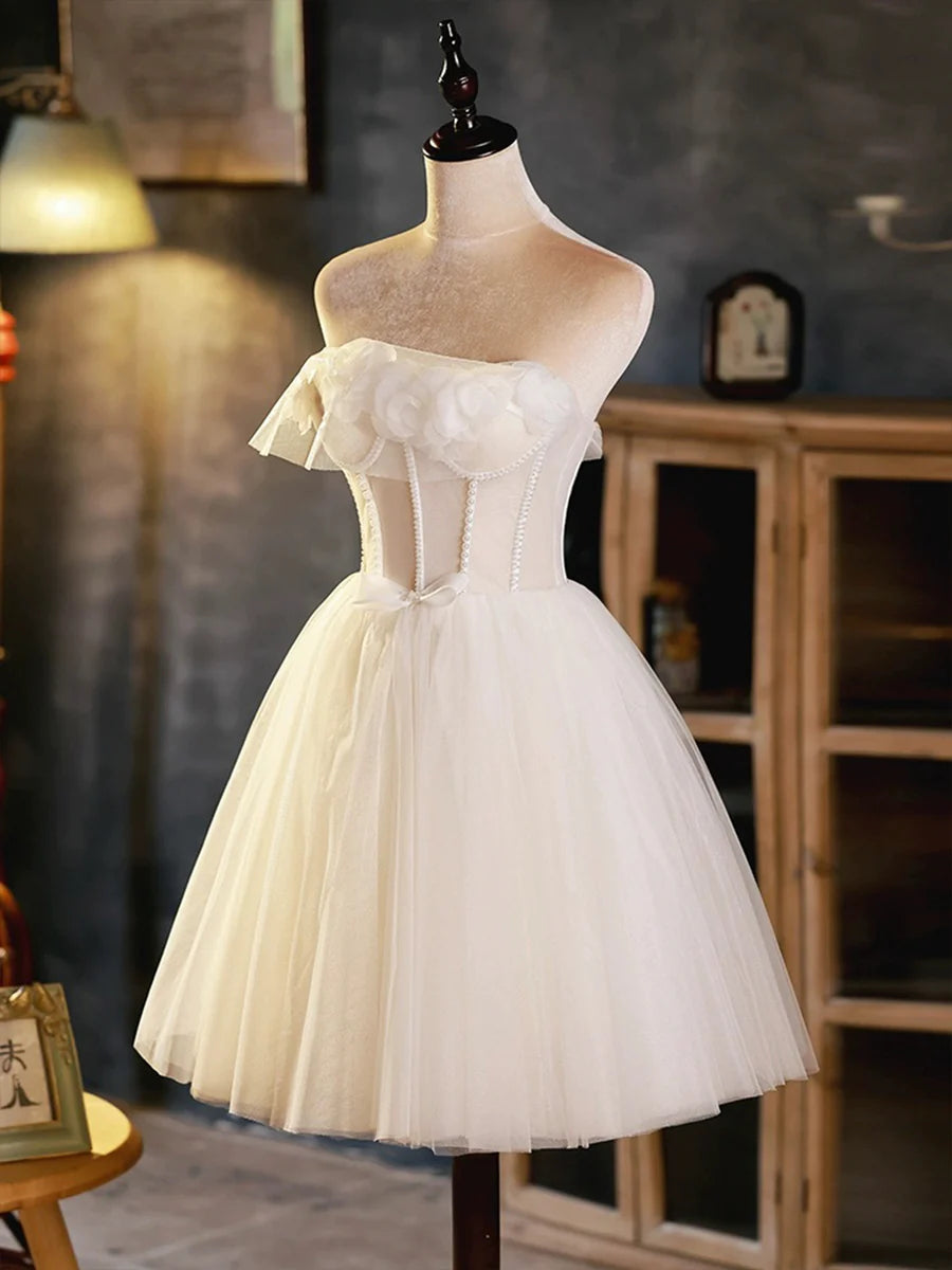 Light Champagne Strapless Tulle With Beaded 3D Flowers A-Line Short Prom Dress Homecoming Dress