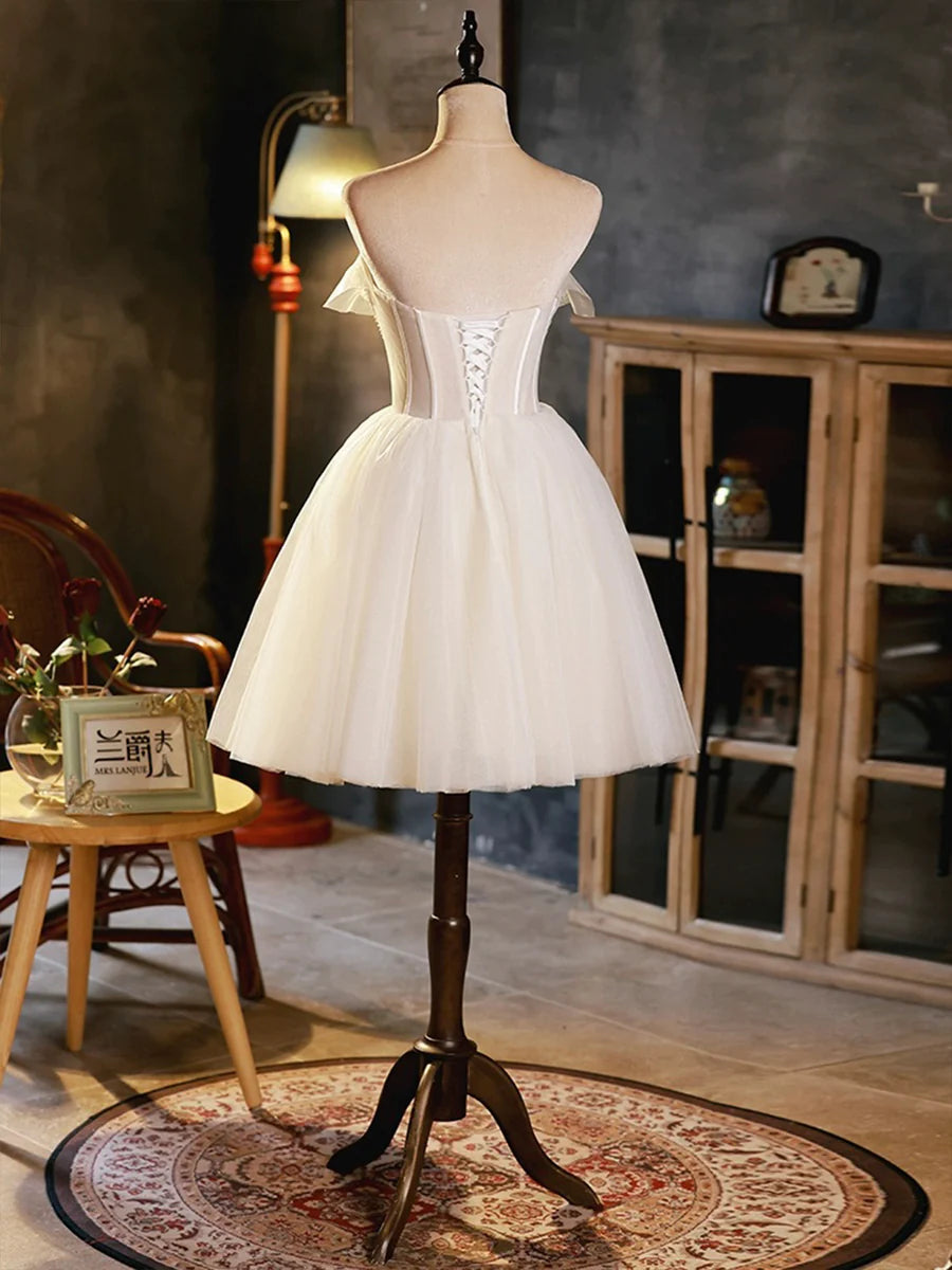 Light Champagne Strapless Tulle With Beaded 3D Flowers A-Line Short Prom Dress Homecoming Dress