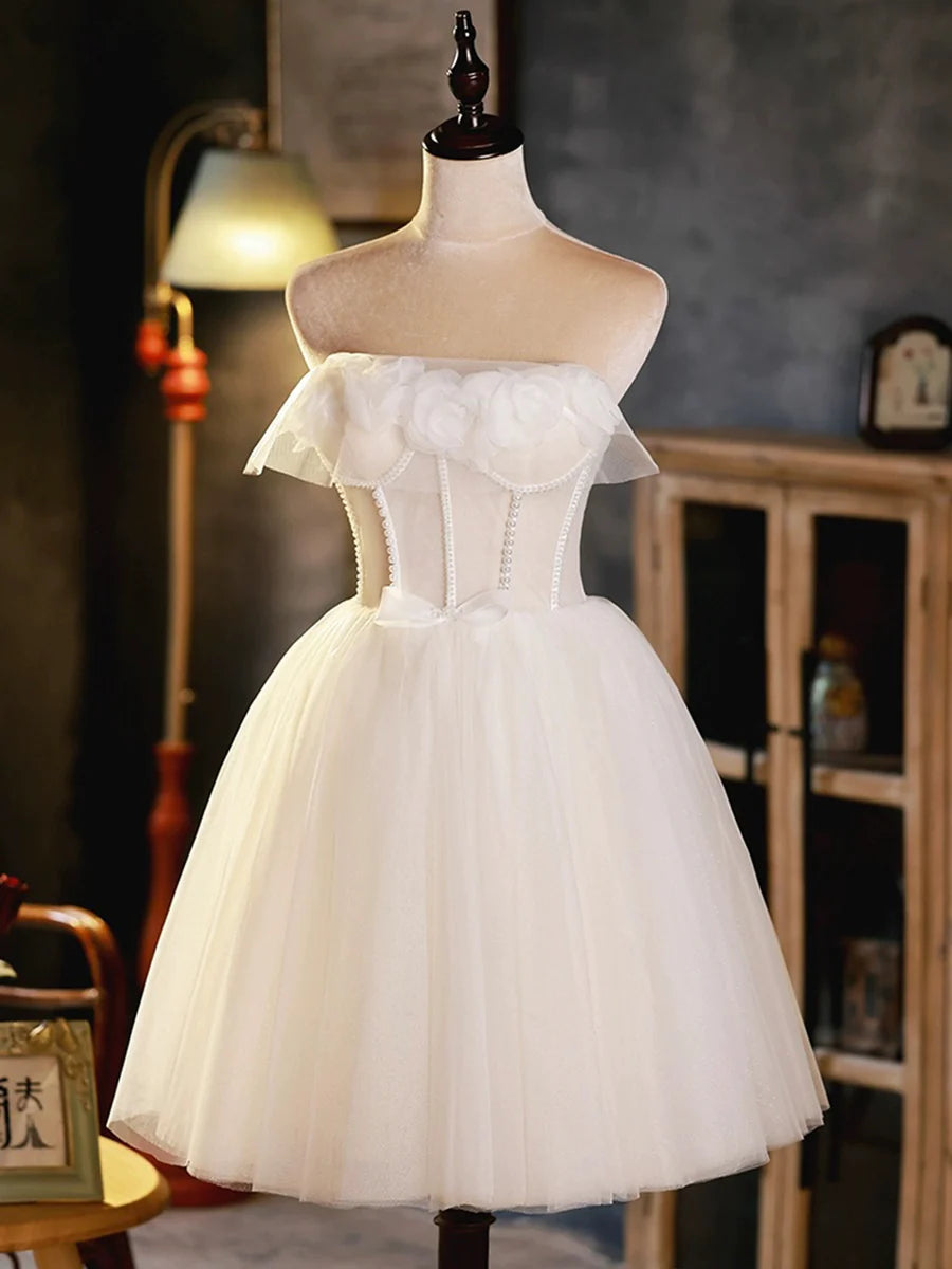 Light Champagne Strapless Tulle With Beaded 3D Flowers A-Line Short Prom Dress Homecoming Dress