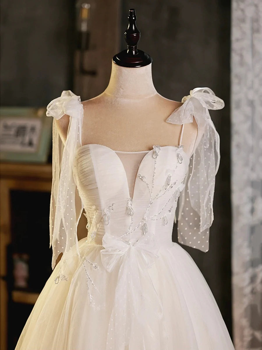 Light Champagne Tulle Beaded Spaghetti Strap Homecoming Dress Lovely A-Line Short Party Dress