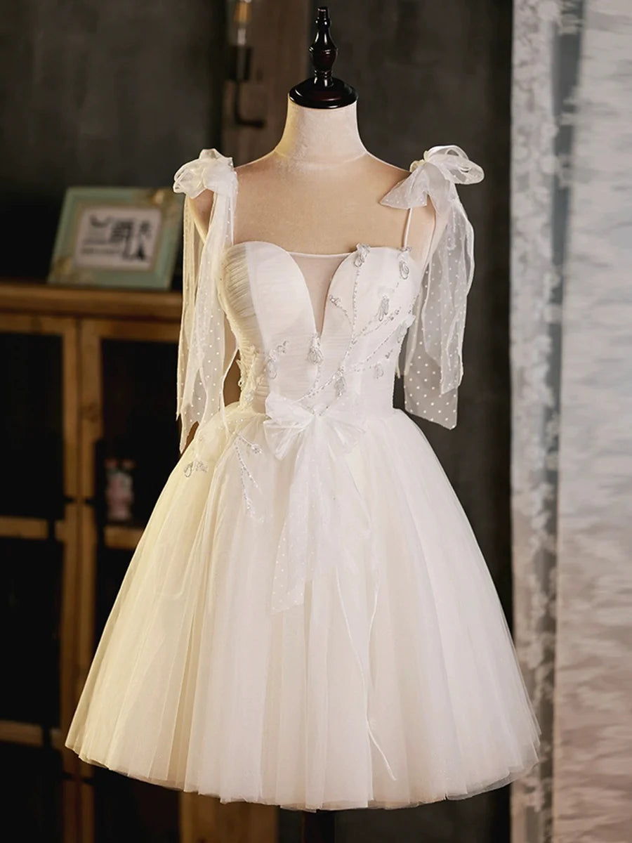 Light Champagne Tulle Beaded Spaghetti Strap Homecoming Dress Lovely A-Line Short Party Dress