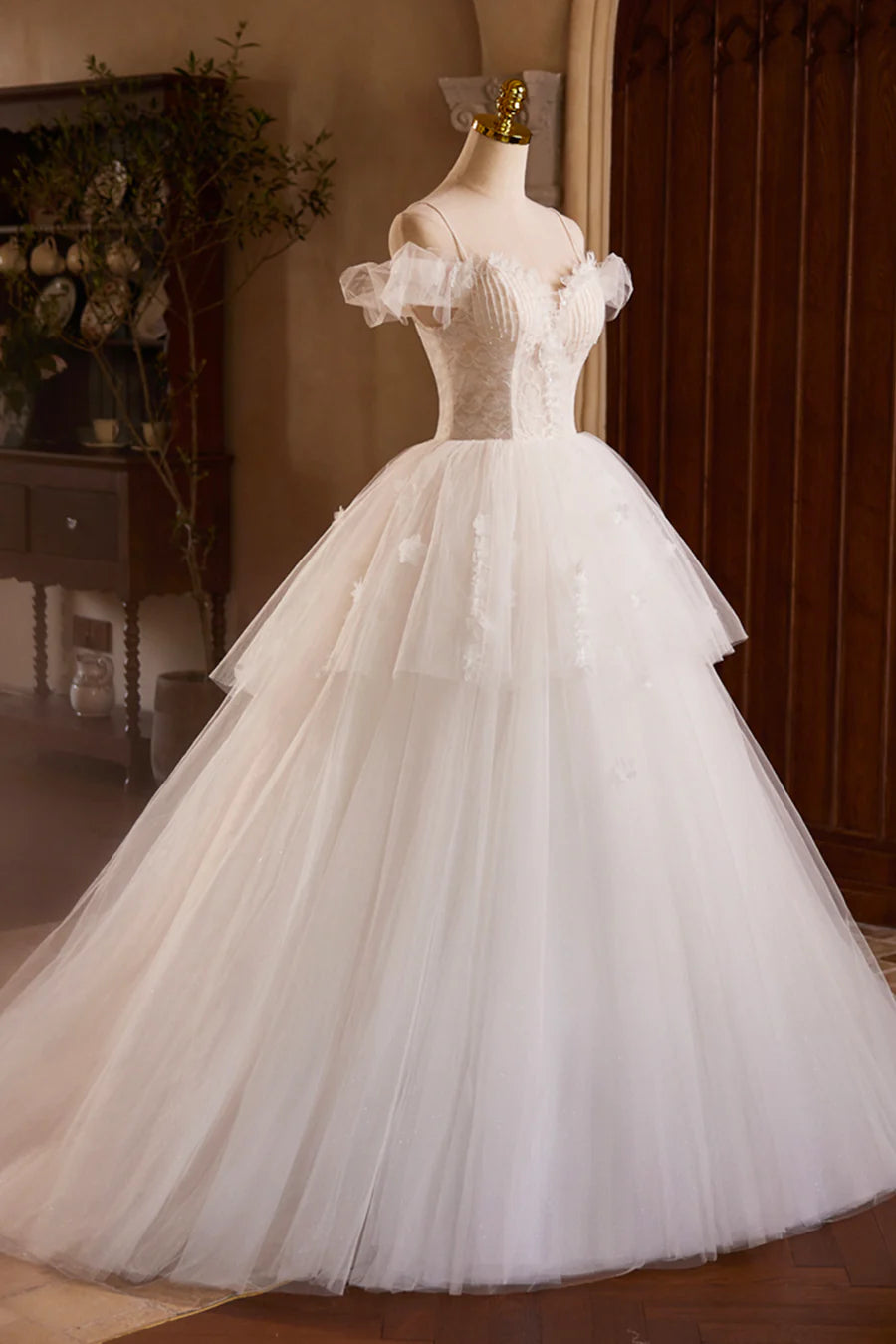 Light Champagne Tulle Spaghetti Strap A-Line Floor Length Formal Dress Wedding Dress