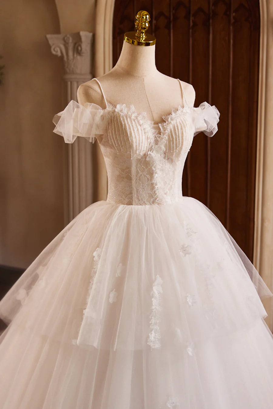 Light Champagne Tulle Spaghetti Strap A-Line Floor Length Formal Dress Wedding Dress