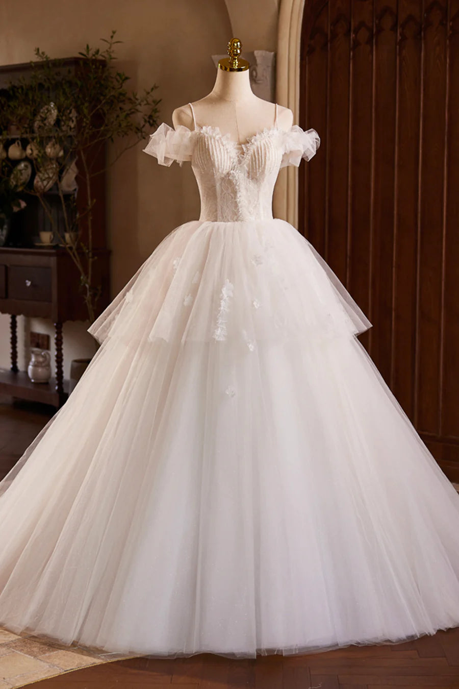Light Champagne Tulle Spaghetti Strap A-Line Floor Length Formal Dress Wedding Dress