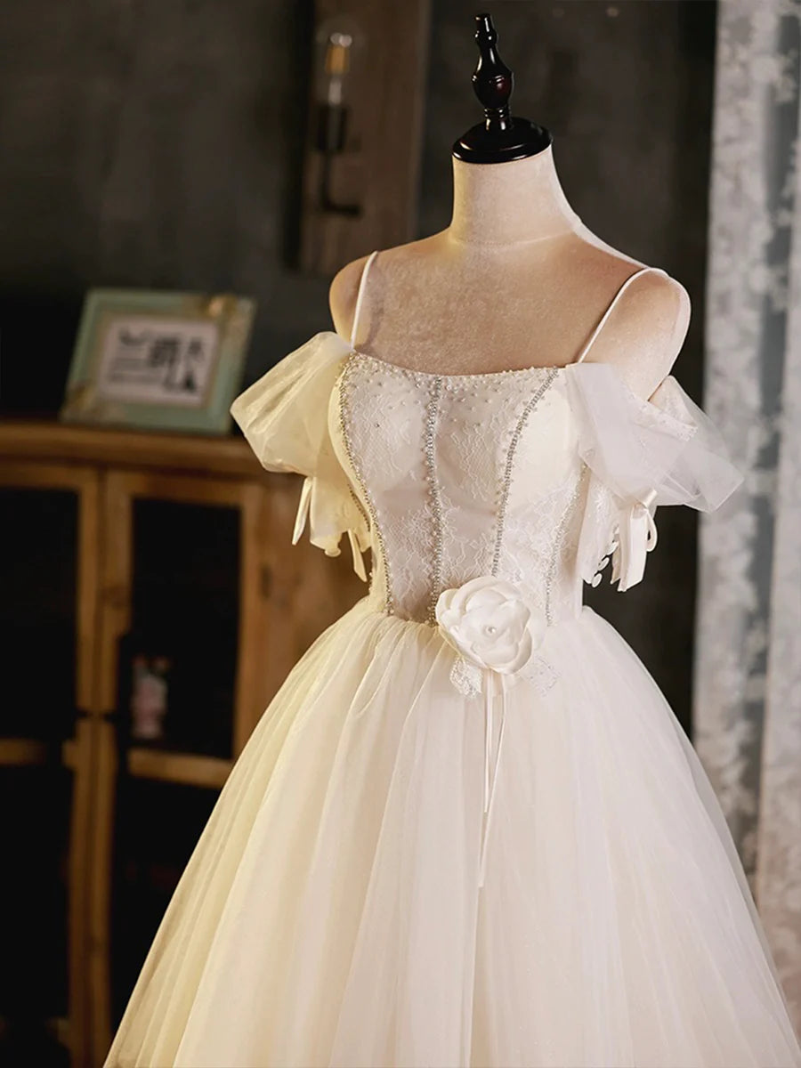 Light Champagne Tulle Spaghetti Strap A-Line Short Party Dress Evening Prom Dress