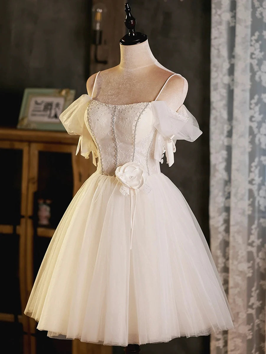 Light Champagne Tulle Spaghetti Strap A-Line Short Party Dress Evening Prom Dress