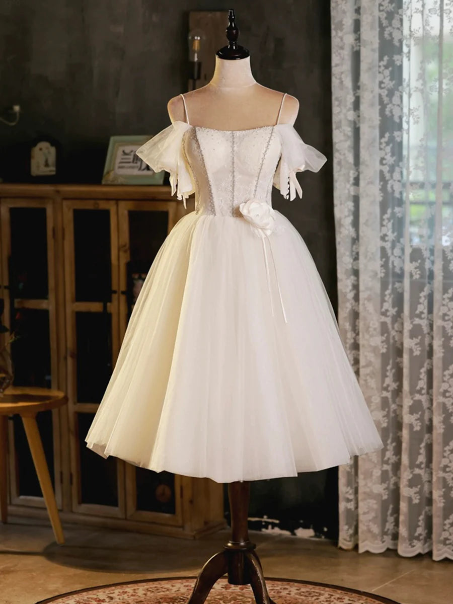 Light Champagne Tulle Spaghetti Strap A-Line Short Party Dress Evening Prom Dress