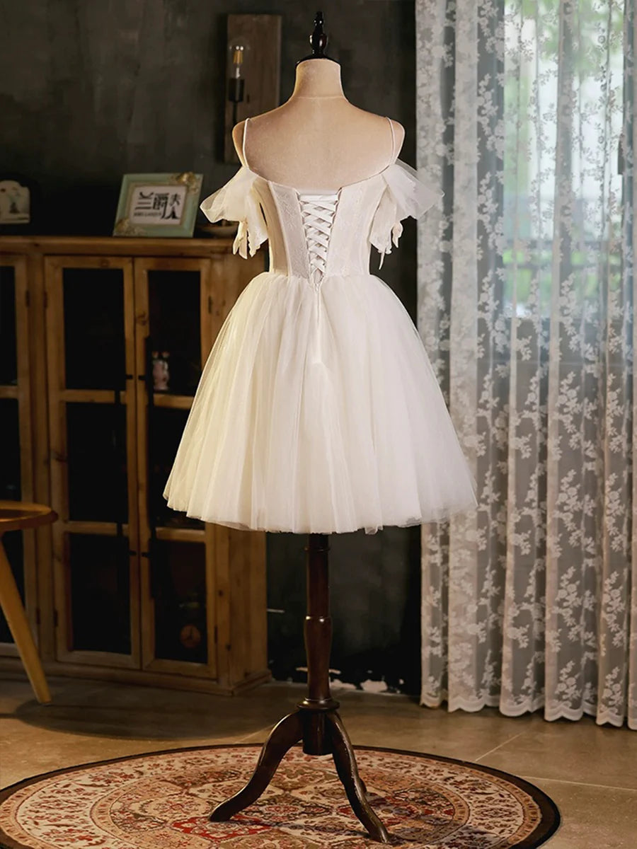 Light Champagne Tulle Spaghetti Strap A-Line Short Party Dress Evening Prom Dress